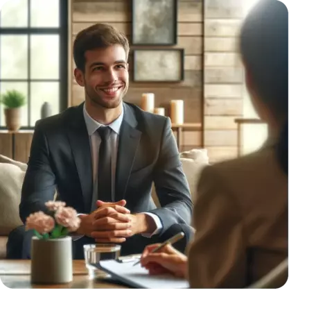 Vorstellungsgespräch: Mann im Anzug lächelt in einladender Umgebung, Büro mit natürlichem Licht, bequemen Sitzgelegenheiten.
